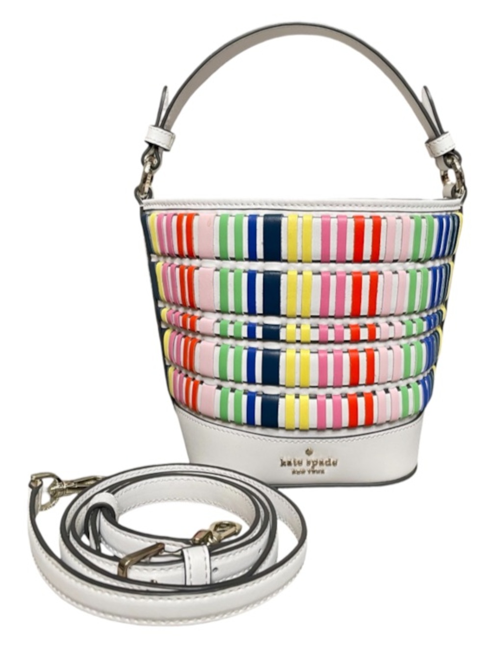 Kate Spade Multicolor Woven Leather Stripe Bucket Bag Crossbody Drawstring Close